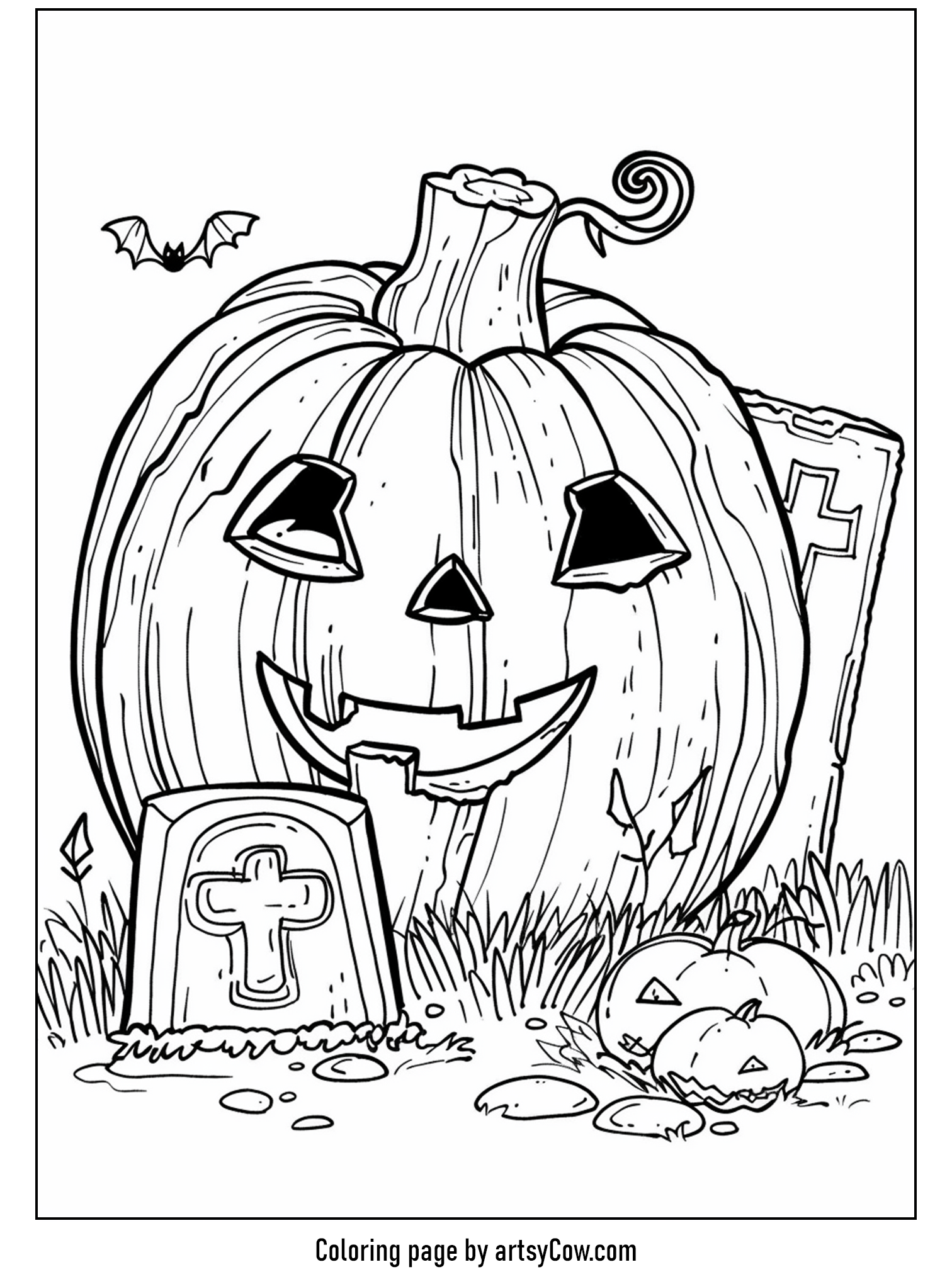 halloween pumpkin drawings for kids: A cheerful carved pumpkin sits next to a grave with a quaint cross marker and a smaller pumpkin, all surrounded by grass and detailed with a flying bat overhead.